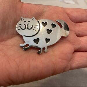 Vintage Sterling Silver 925 Fat Cat Brooch Pin Hearts Smiles Chonkers Kitty Love